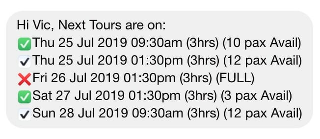 Example of ManyChat message returned from next-tours Rezdy API call